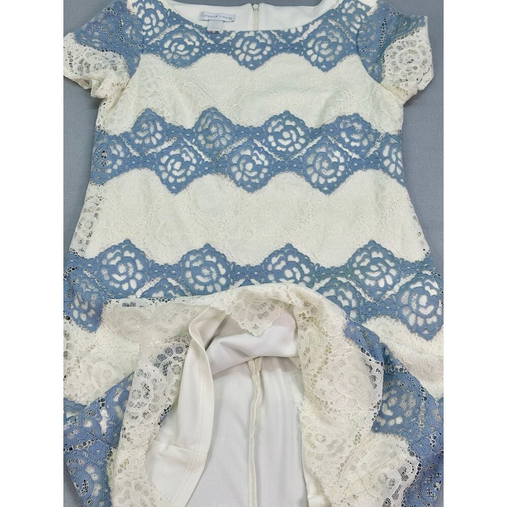 London Times Blue White Lace Sheath Dress Elegant Floral Crochet Overlay Size 6 - Picture 8 of 12